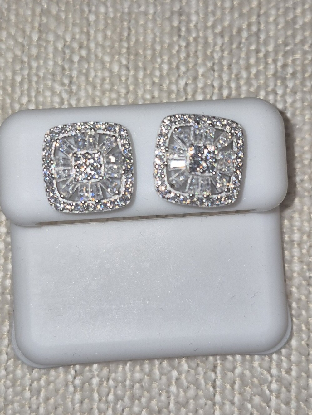 Silver-Tone Clear CZ Square Halo Stud Earrings